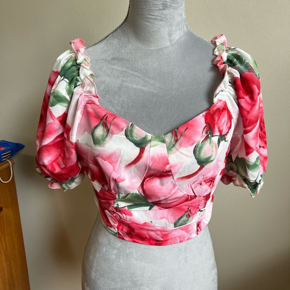 SHEIN Pink Floral Puff Sleeve Blouse